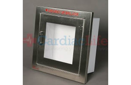 Alarmed AED Wall Cabinet Stainless Steel Semi-Recessed w/ AED Signs 